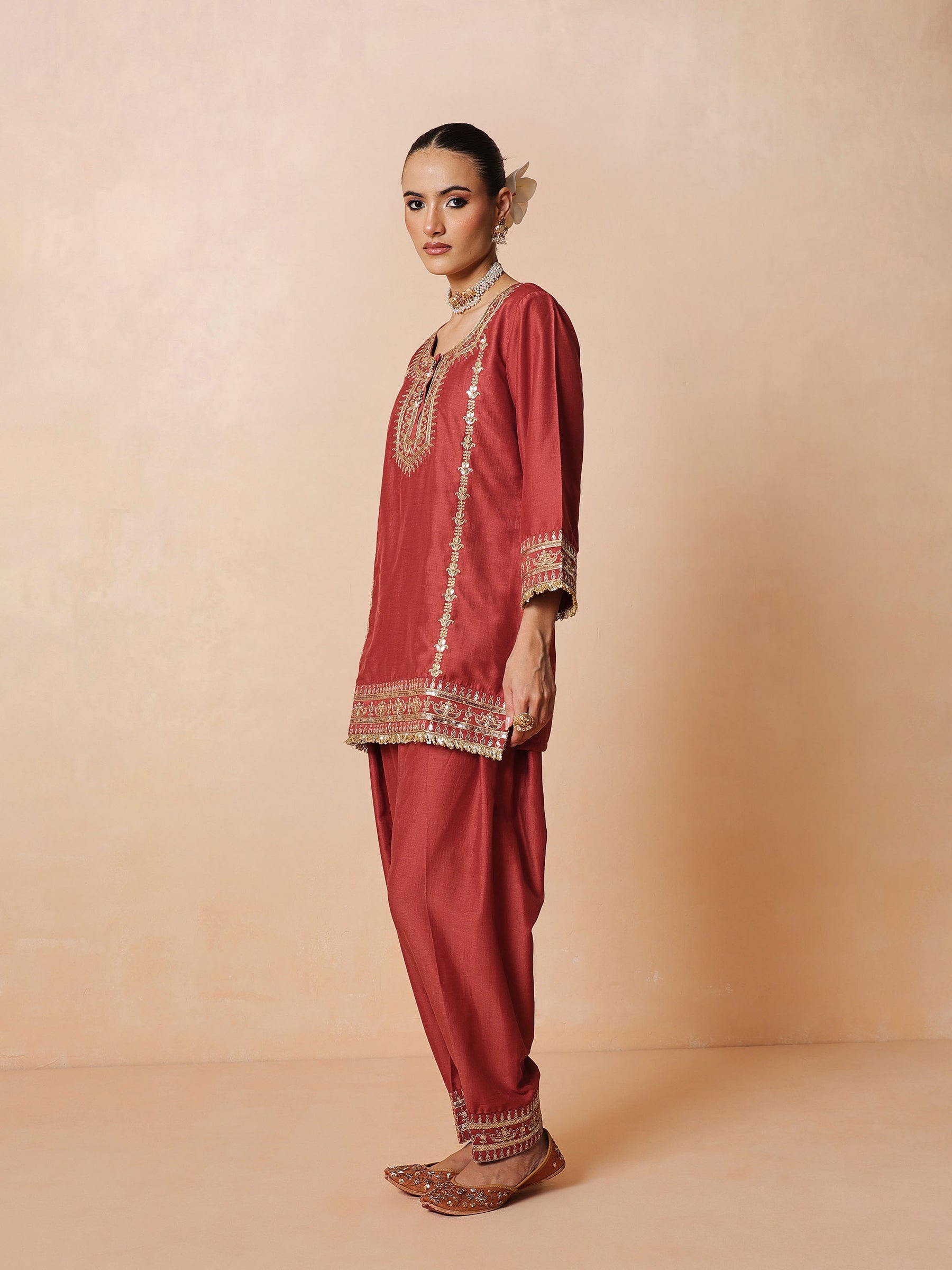 Women Rust Embroidered Short Kurta With Farshi Salwar & Dupatta