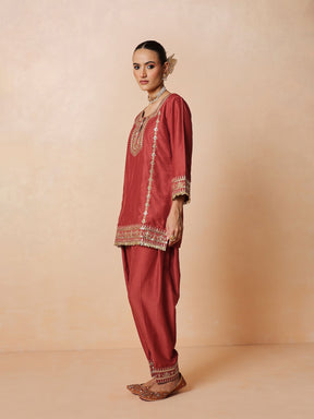 Women Rust Embroidered Short Kurta With Farshi Salwar & Dupatta
