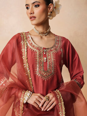 Rust Embroidered Short Kurta With Farshi Salwar & Dupatta-Luxe - Shae by SASSAFRAS