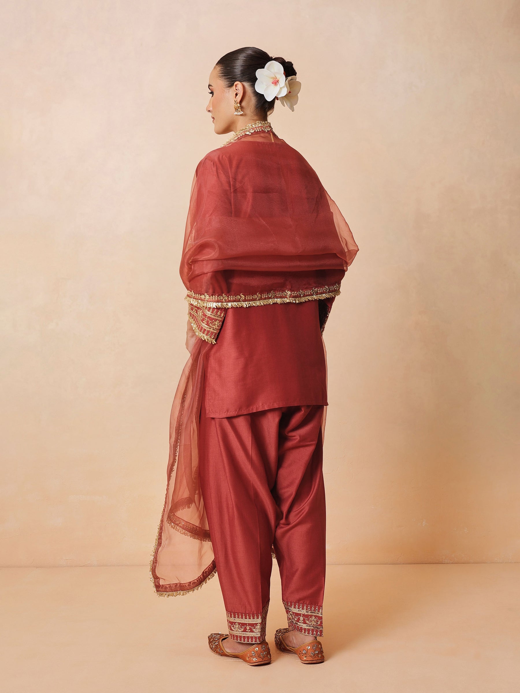 Women Rust Embroidered Short Kurta With Farshi Salwar & Dupatta