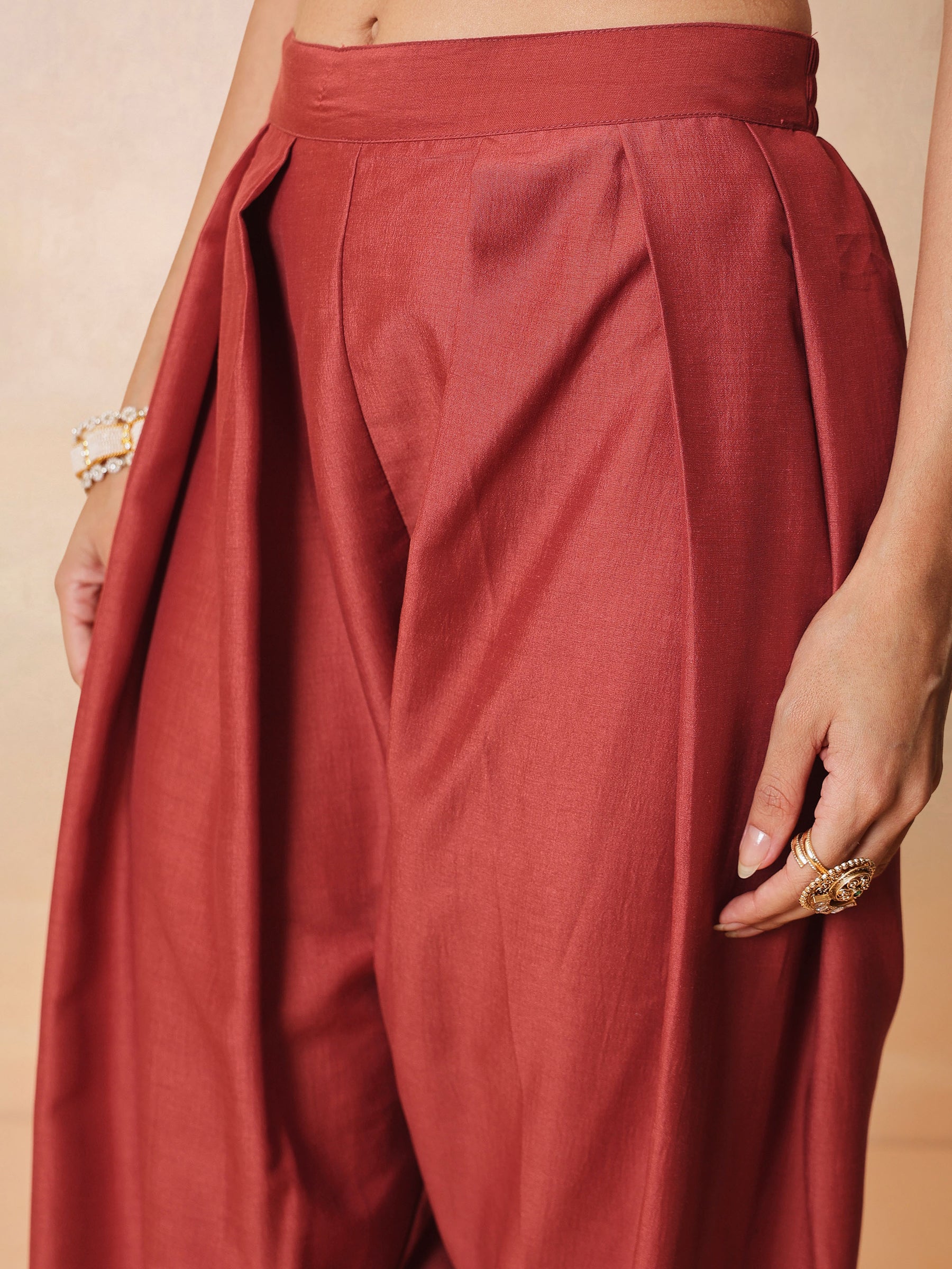 Women Rust Embroidered Short Kurta With Farshi Salwar & Dupatta