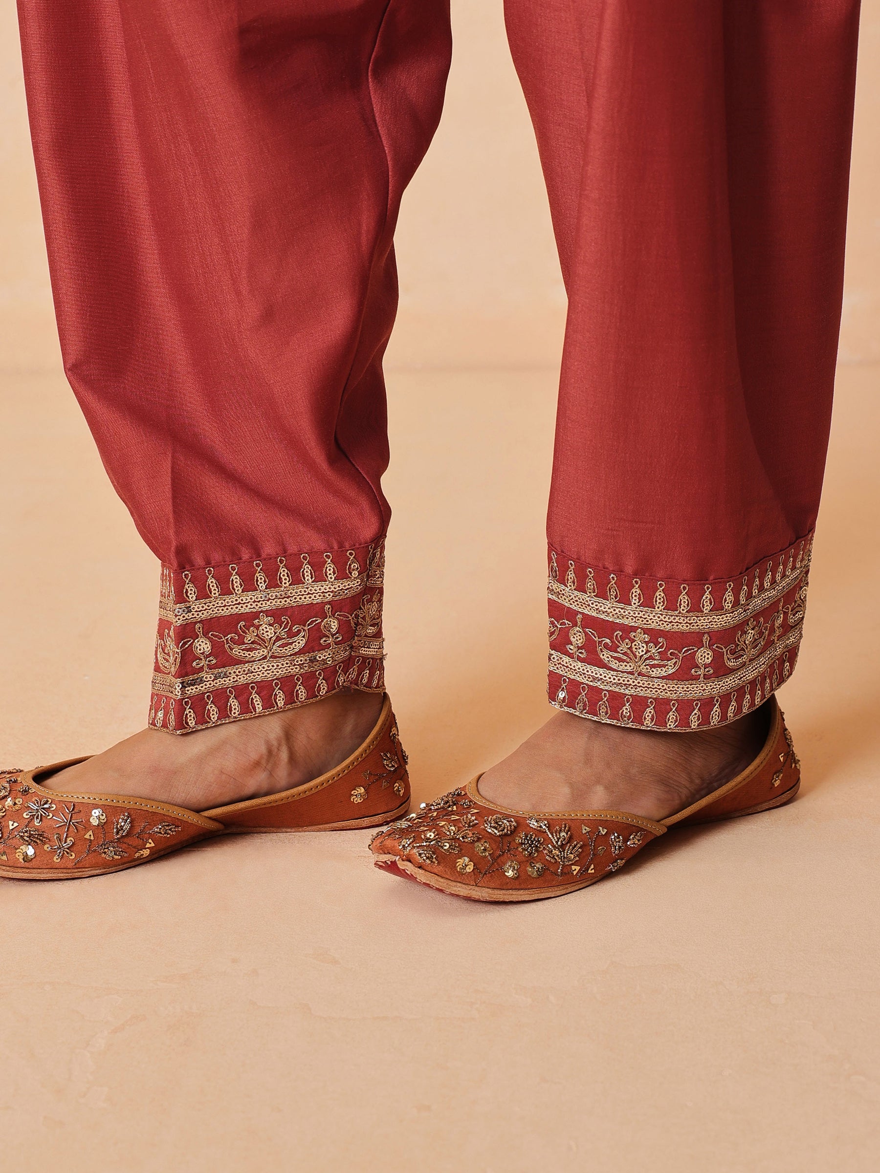 Women Rust Embroidered Short Kurta With Farshi Salwar & Dupatta