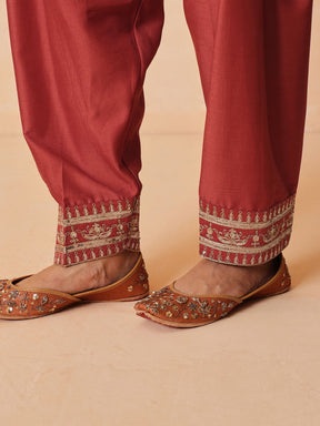 Women Rust Embroidered Short Kurta With Farshi Salwar & Dupatta