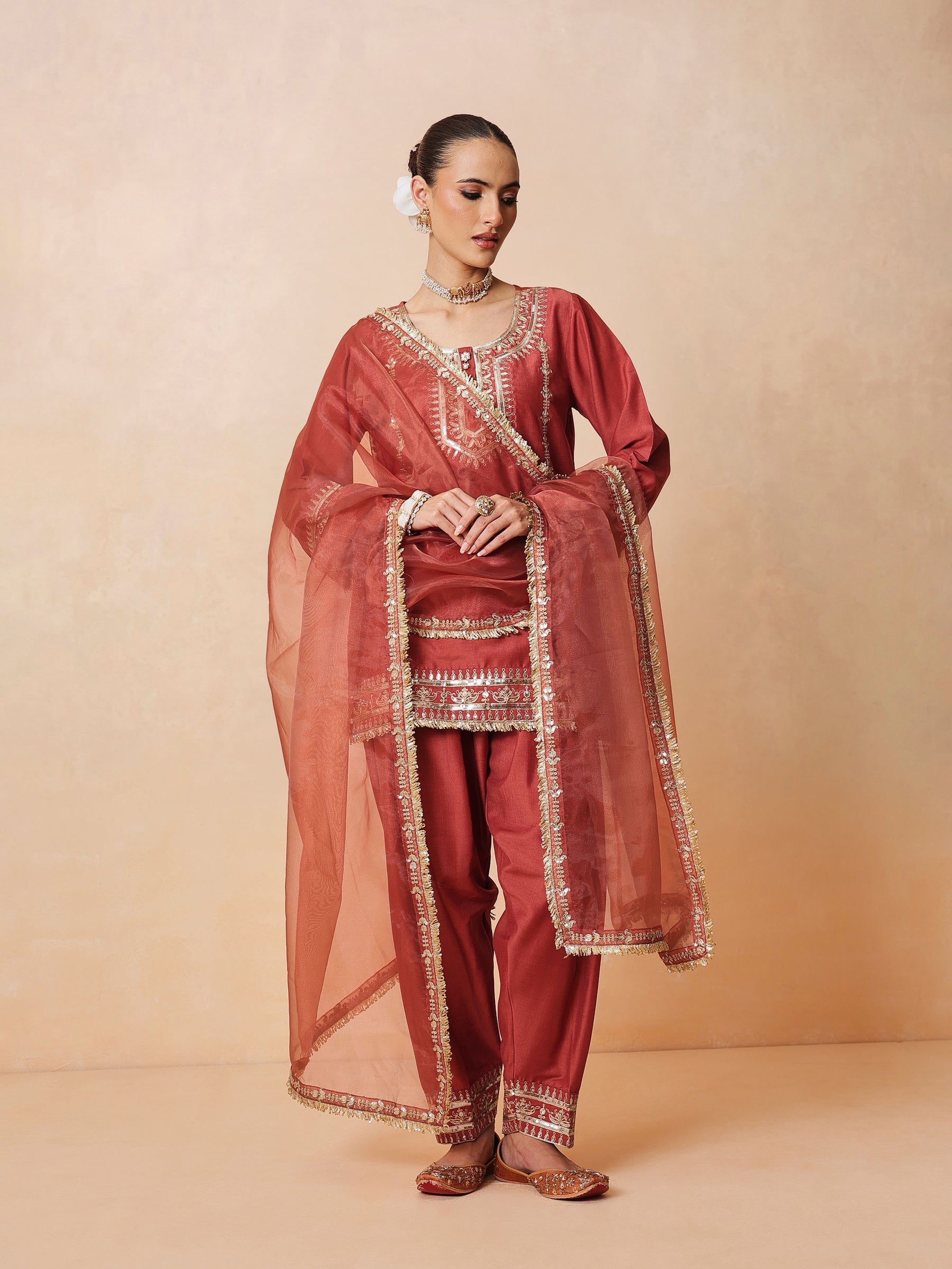 Women Rust Embroidered Short Kurta With Farshi Salwar & Dupatta