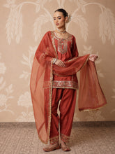 Women Rust Embroidered Short Kurta With Farshi Salwar & Dupatta