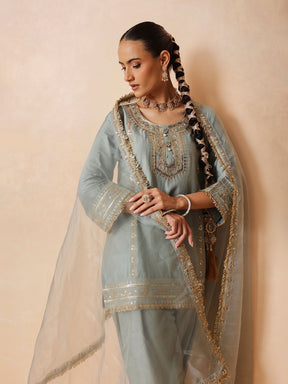 Women Pista Green Embroidered Short Kurta With Farshi Salwar & Dupatta