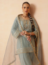 Pista Green Embroidered Short Kurta With Farshi Salwar & Dupatta-Luxe - Shae by SASSAFRAS