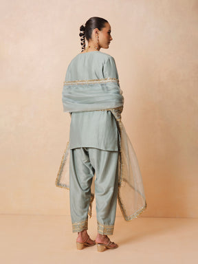 Pista Green Embroidered Short Kurta With Farshi Salwar & Dupatta-Luxe - Shae by SASSAFRAS