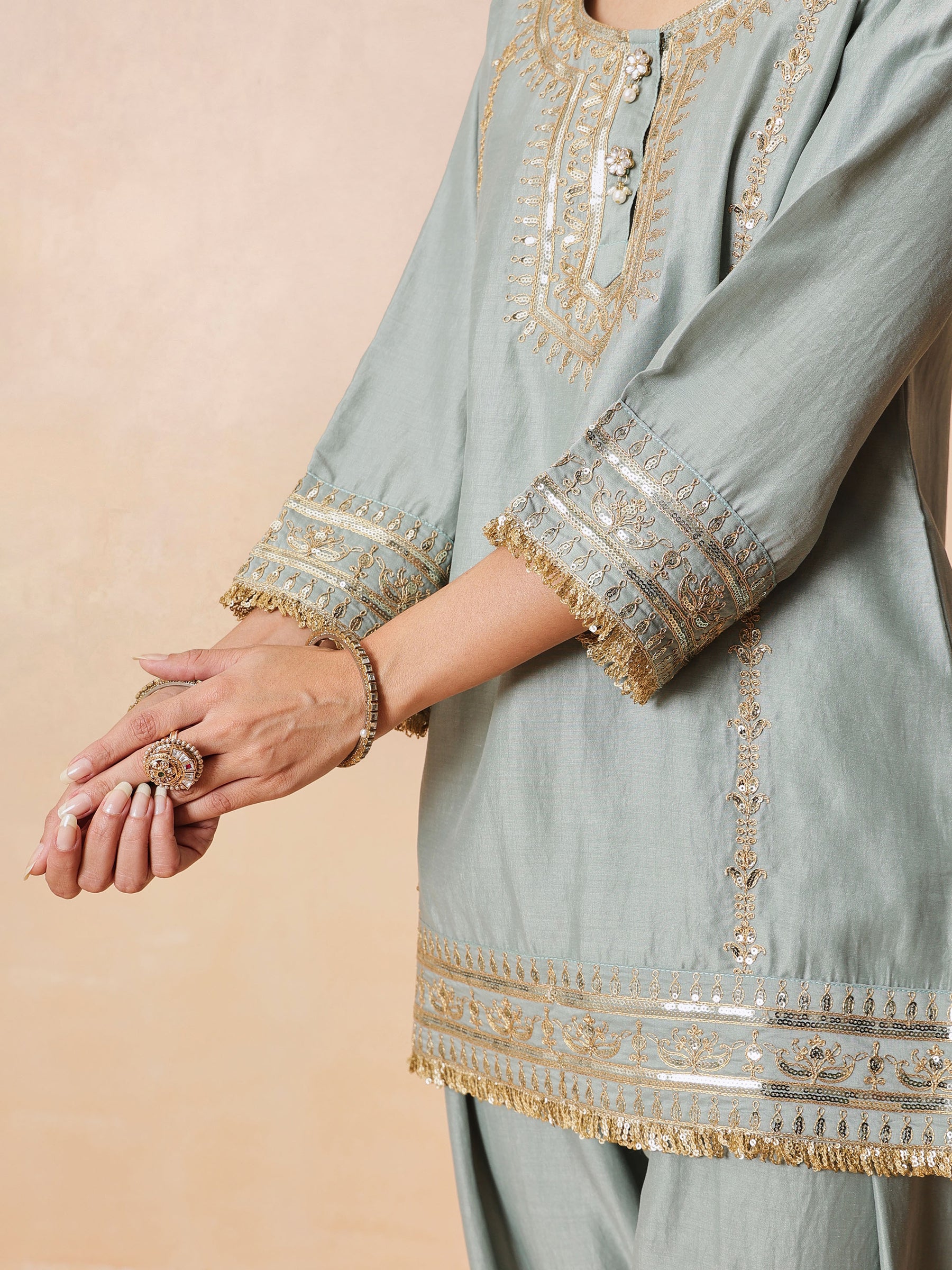 Women Pista Green Embroidered Short Kurta With Farshi Salwar & Dupatta
