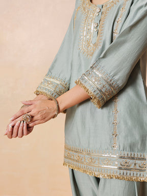 Women Pista Green Embroidered Short Kurta With Farshi Salwar & Dupatta