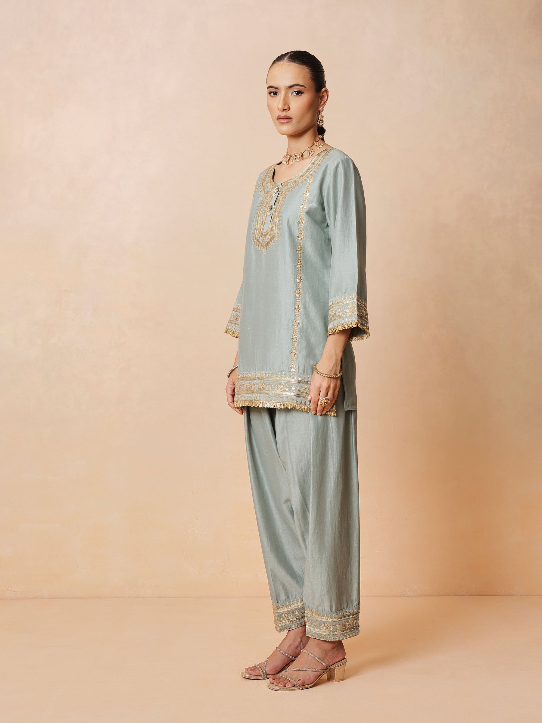 Women Pista Green Embroidered Short Kurta With Farshi Salwar & Dupatta