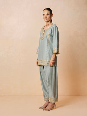 Women Pista Green Embroidered Short Kurta With Farshi Salwar & Dupatta