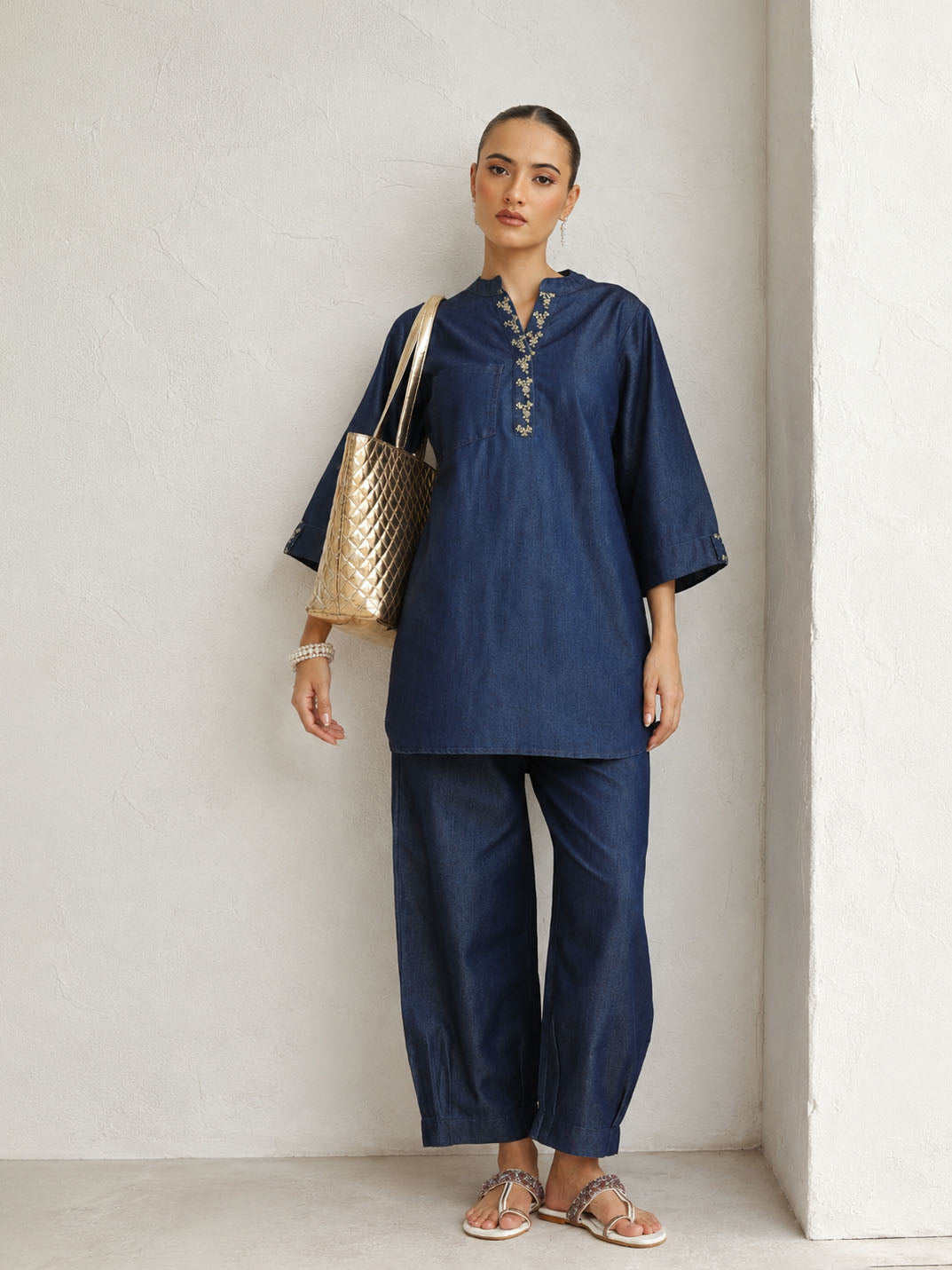Navy Embroidered Short Kurta With Straight Pants -Shae by SASSAFRAS