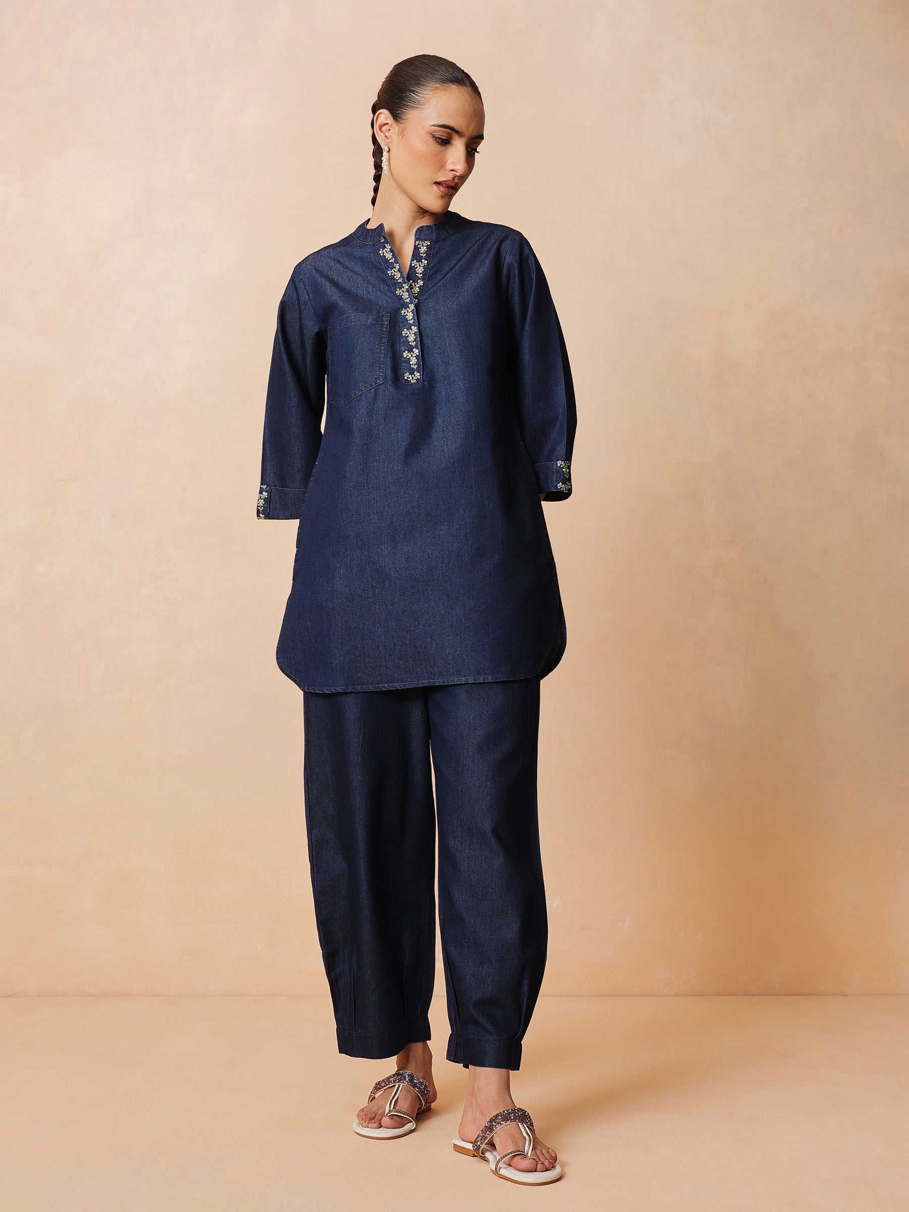 Navy Embroidered Short Kurta With Straight Pants -Shae by SASSAFRAS