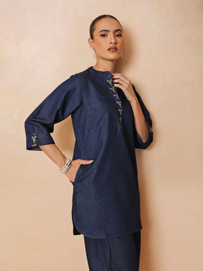 Navy Embroidered Short Kurta With Straight Pants -Shae by SASSAFRAS