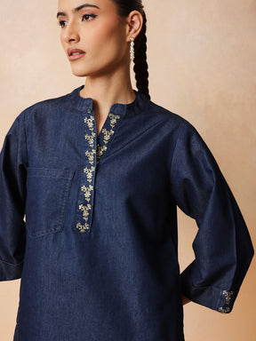Navy Embroidered Short Kurta With Straight Pants -Shae by SASSAFRAS