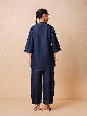 Navy Embroidered Short Kurta With Straight Pants -Shae by SASSAFRAS