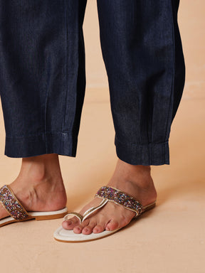 Women Navy Embroidered Short Kurta With Straight Pants
