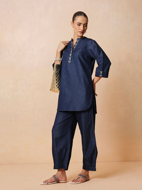 Women Navy Embroidered Short Kurta With Straight Pants