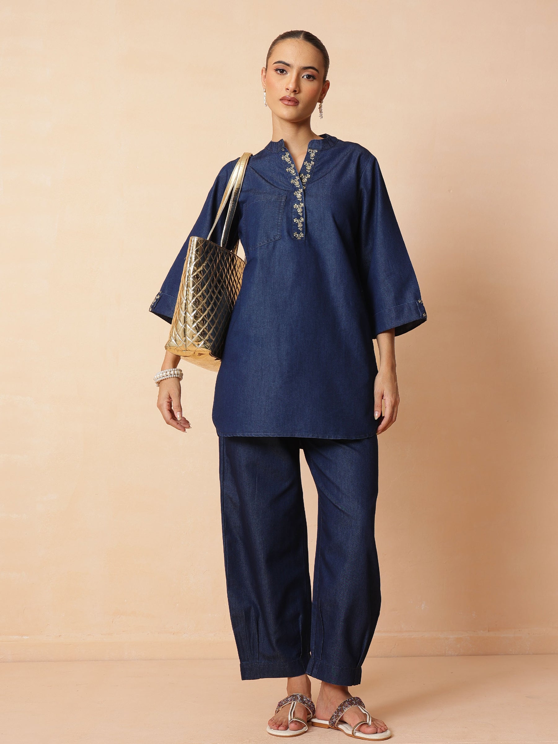 Women Navy Embroidered Short Kurta With Straight Pants