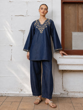 Navy Glass Neck Embroidered Short Kurta With Straight Pants -Shae by SASSAFRAS