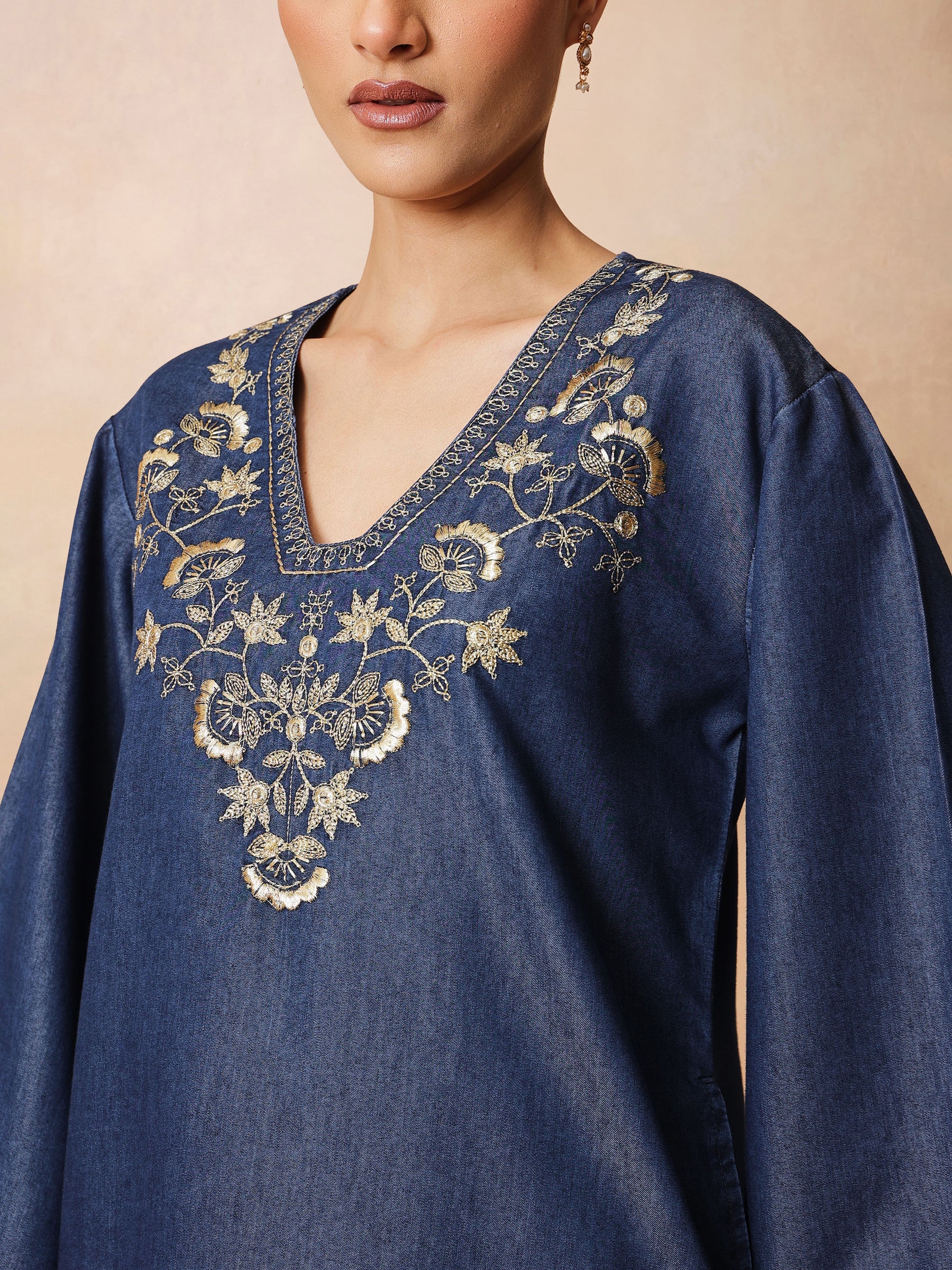 Navy Glass Neck Embroidered Short Kurta With Straight Pants -Shae by SASSAFRAS