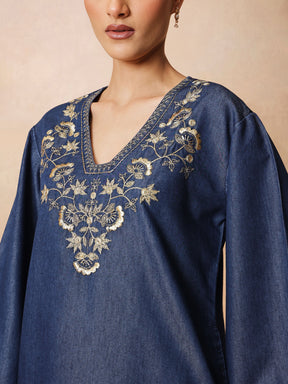 Navy Glass Neck Embroidered Short Kurta With Straight Pants -Shae by SASSAFRAS