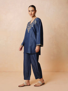 Navy Glass Neck Embroidered Short Kurta With Straight Pants -Shae by SASSAFRAS