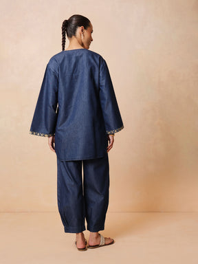 Navy Glass Neck Embroidered Short Kurta With Straight Pants -Shae by SASSAFRAS
