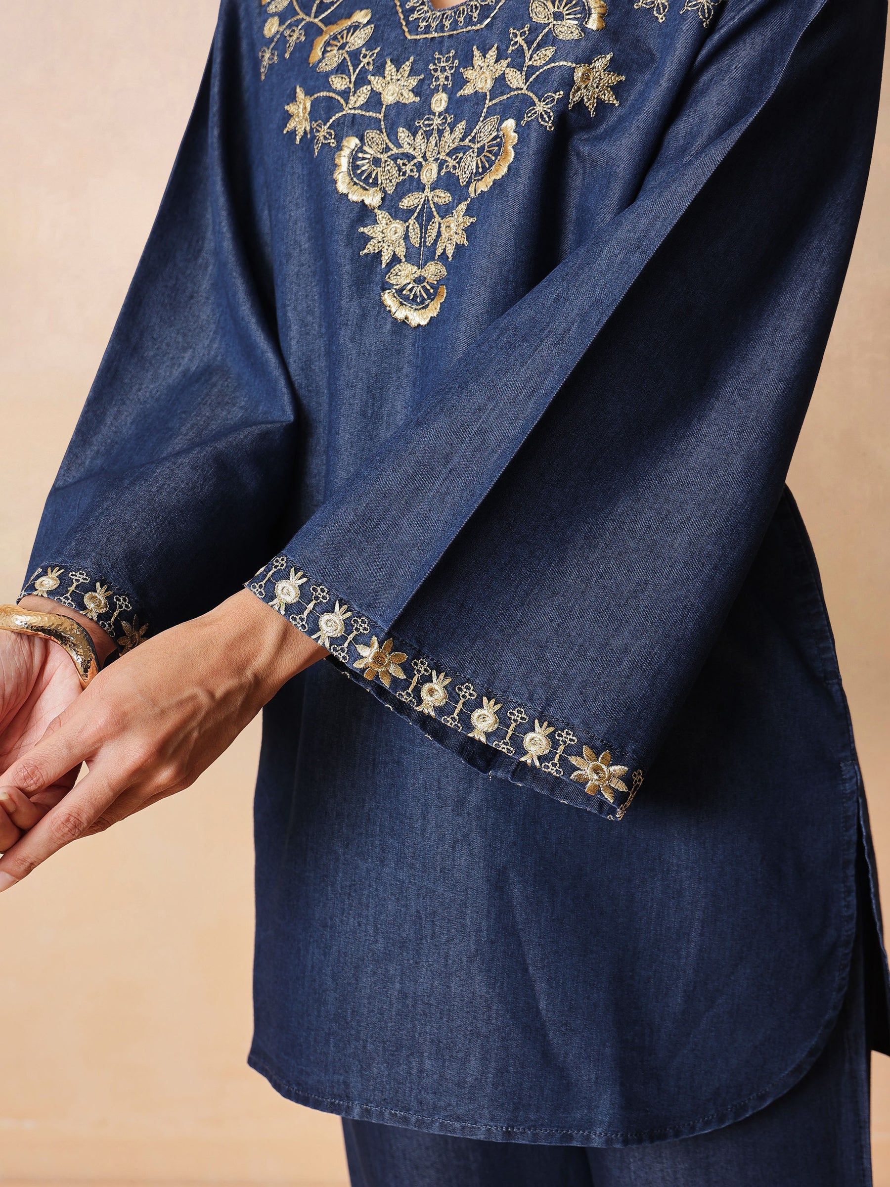 Navy Glass Neck Embroidered Short Kurta With Straight Pants -Shae by SASSAFRAS