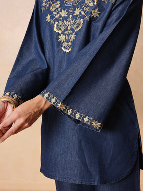 Navy Glass Neck Embroidered Short Kurta With Straight Pants -Shae by SASSAFRAS