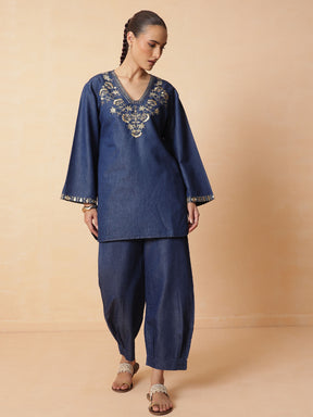 Women Navy Glass Neck Embroidered Short Kurta With Straight Pants