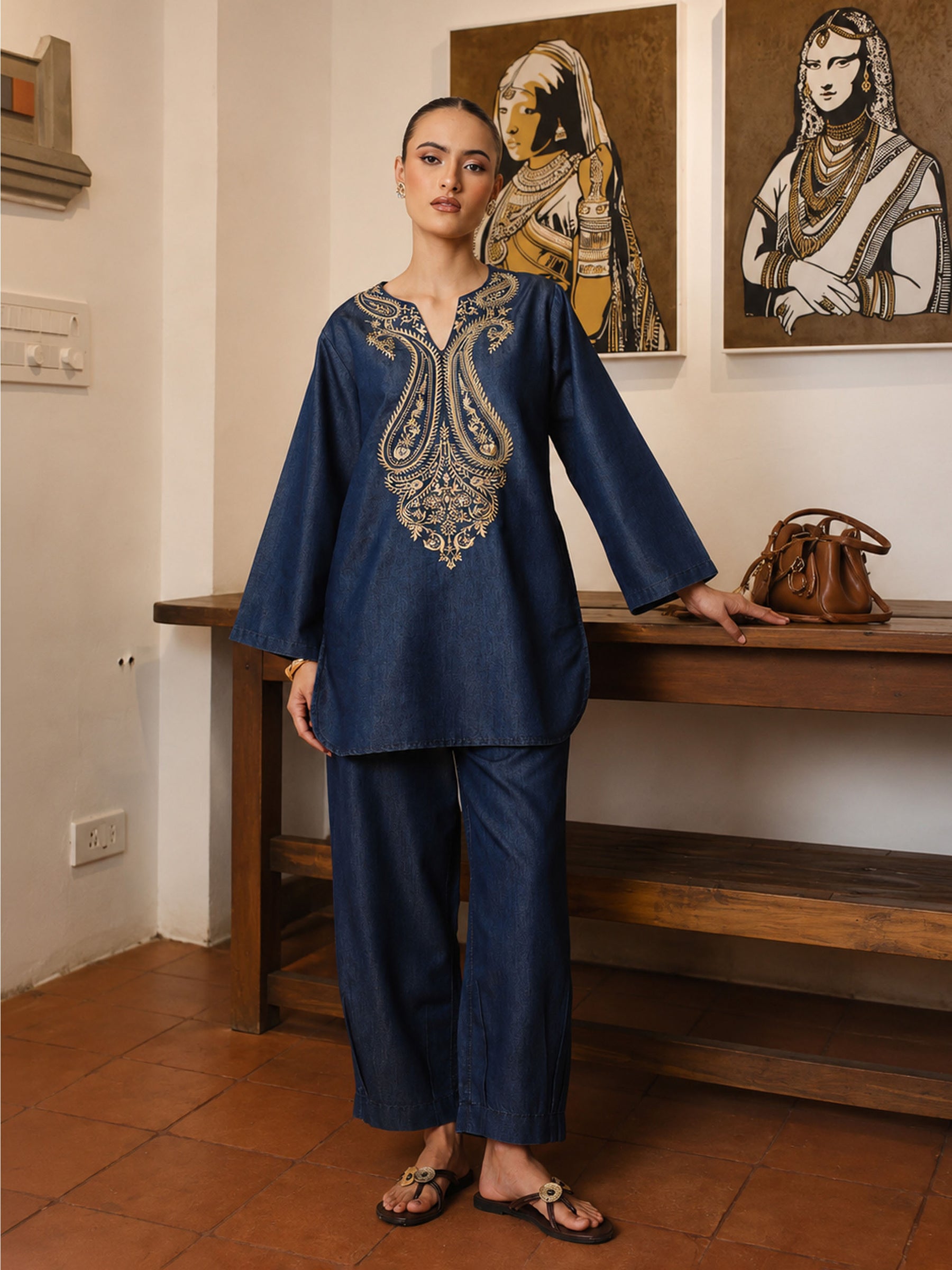 Navy Round Neck Embroidered Short Kurta With Straight Pants -Shae by SASSAFRAS