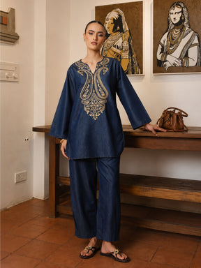Navy Round Neck Embroidered Short Kurta With Straight Pants -Shae by SASSAFRAS