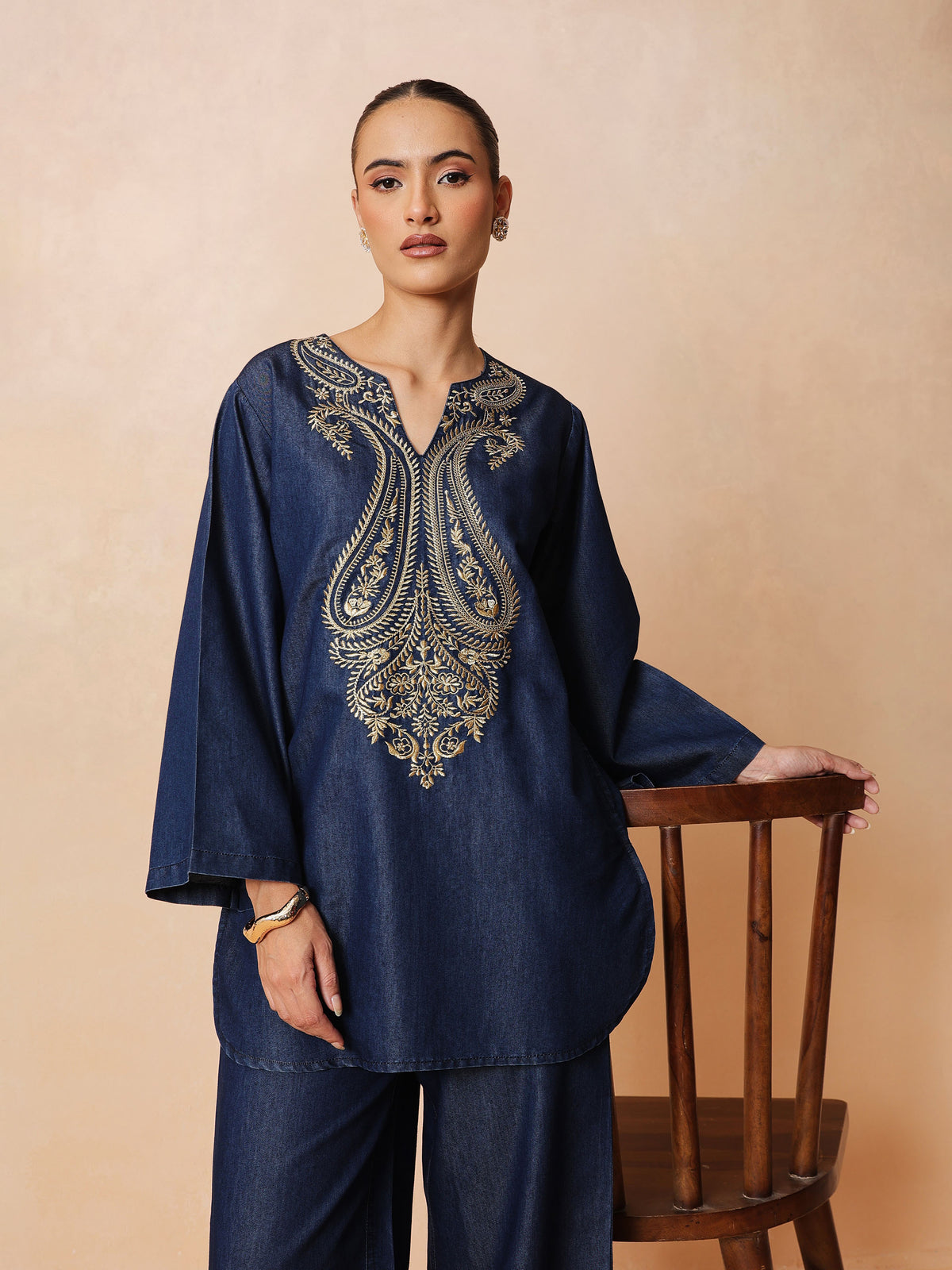 Navy Round Neck Embroidered Short Kurta With Straight Pants -Shae by SASSAFRAS