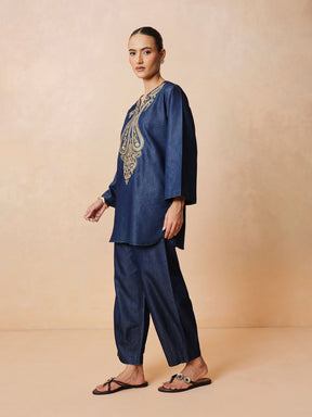 Navy Round Neck Embroidered Short Kurta With Straight Pants -Shae by SASSAFRAS