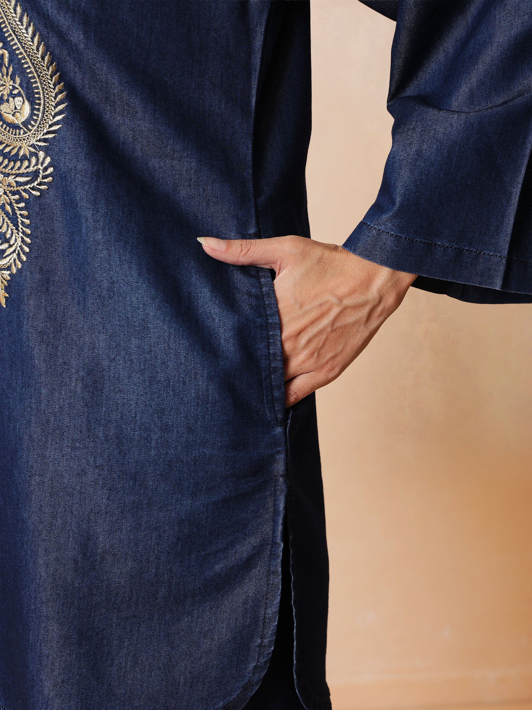 Navy Round Neck Embroidered Short Kurta With Straight Pants -Shae by SASSAFRAS