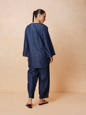 Navy Round Neck Embroidered Short Kurta With Straight Pants -Shae by SASSAFRAS