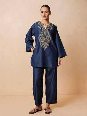 Navy Round Neck Embroidered Short Kurta With Straight Pants -Shae by SASSAFRAS