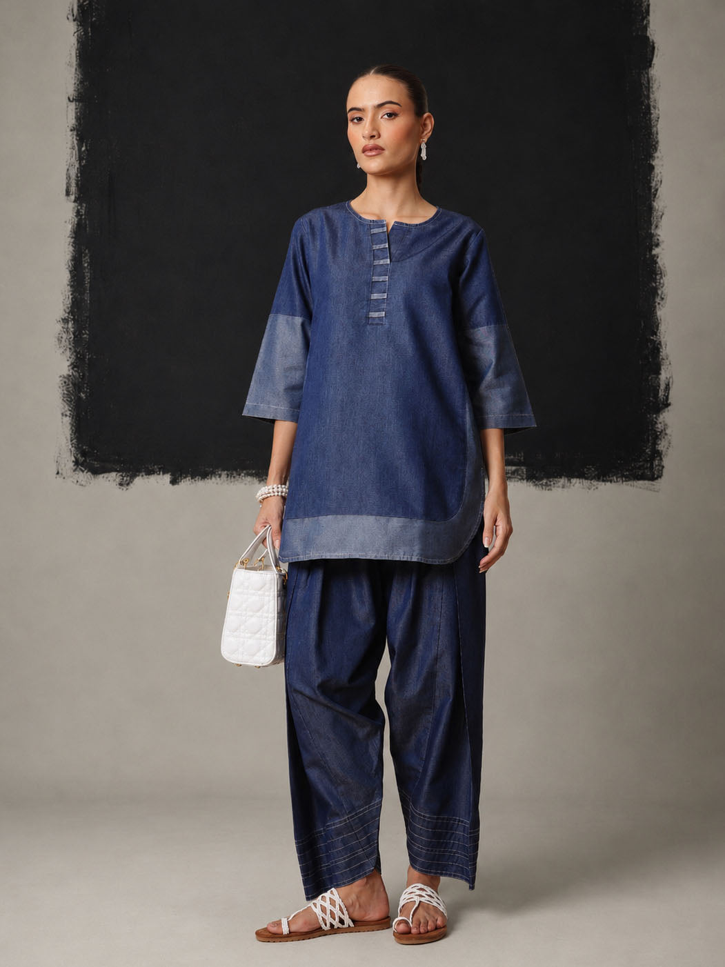 Navy Colour Block Short Kurta With Farshi Salwar-Shae by SASSAFRAS