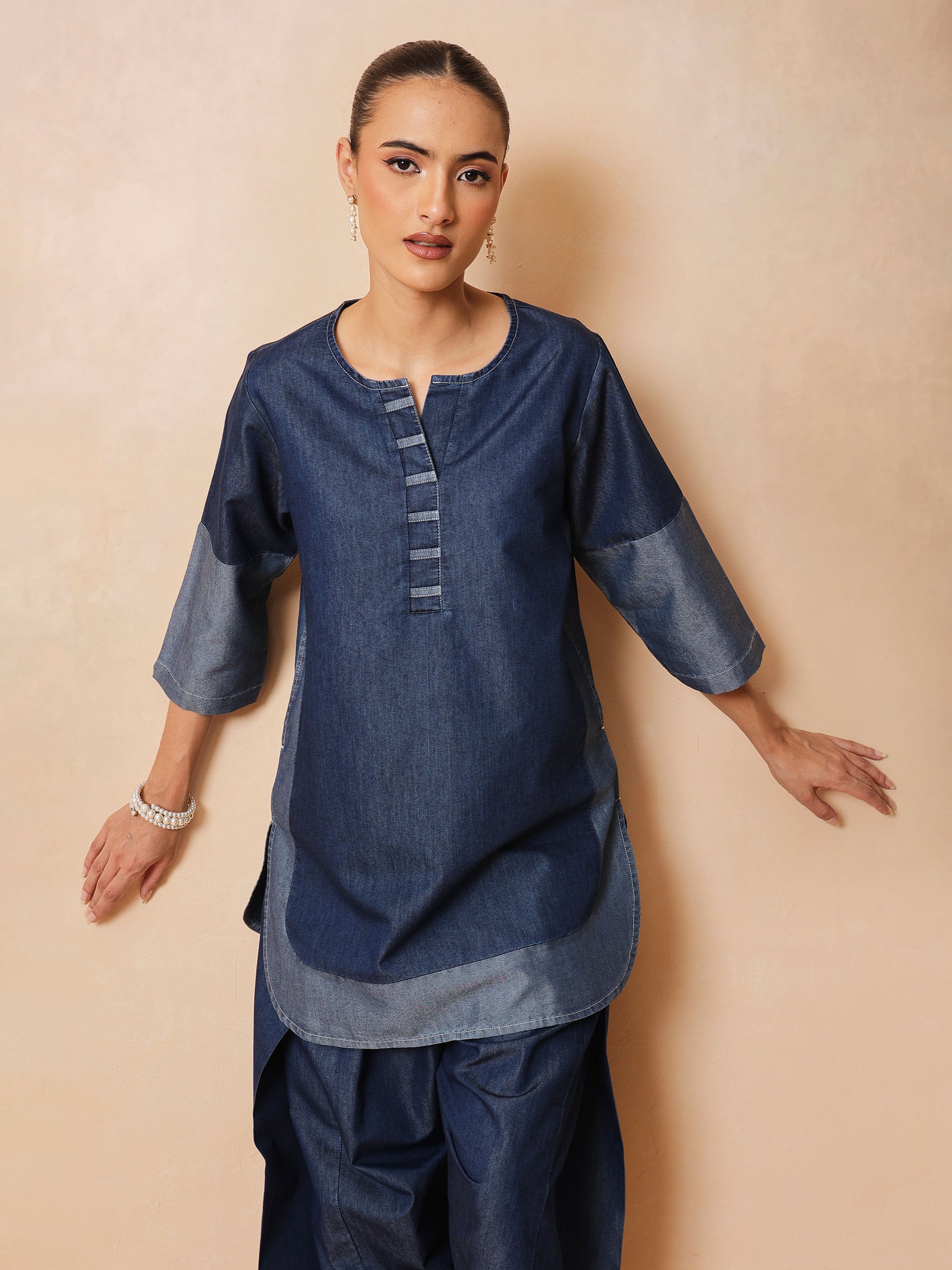Navy Colour Block Short Kurta With Farshi Salwar-Shae by SASSAFRAS
