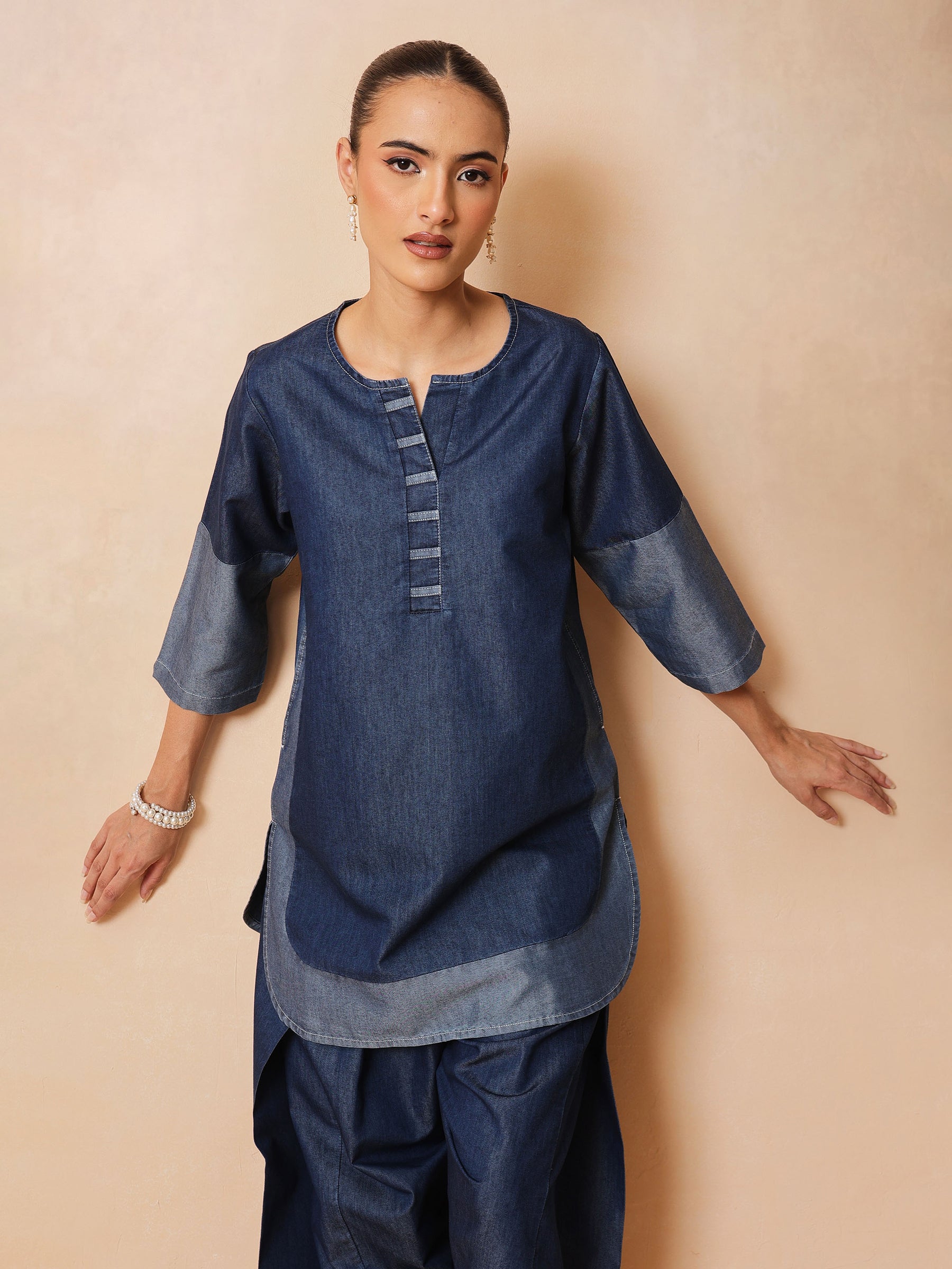 Navy Colour Block Short Kurta With Farshi Salwar-Shae by SASSAFRAS