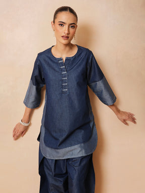 Navy Colour Block Short Kurta With Farshi Salwar-Shae by SASSAFRAS