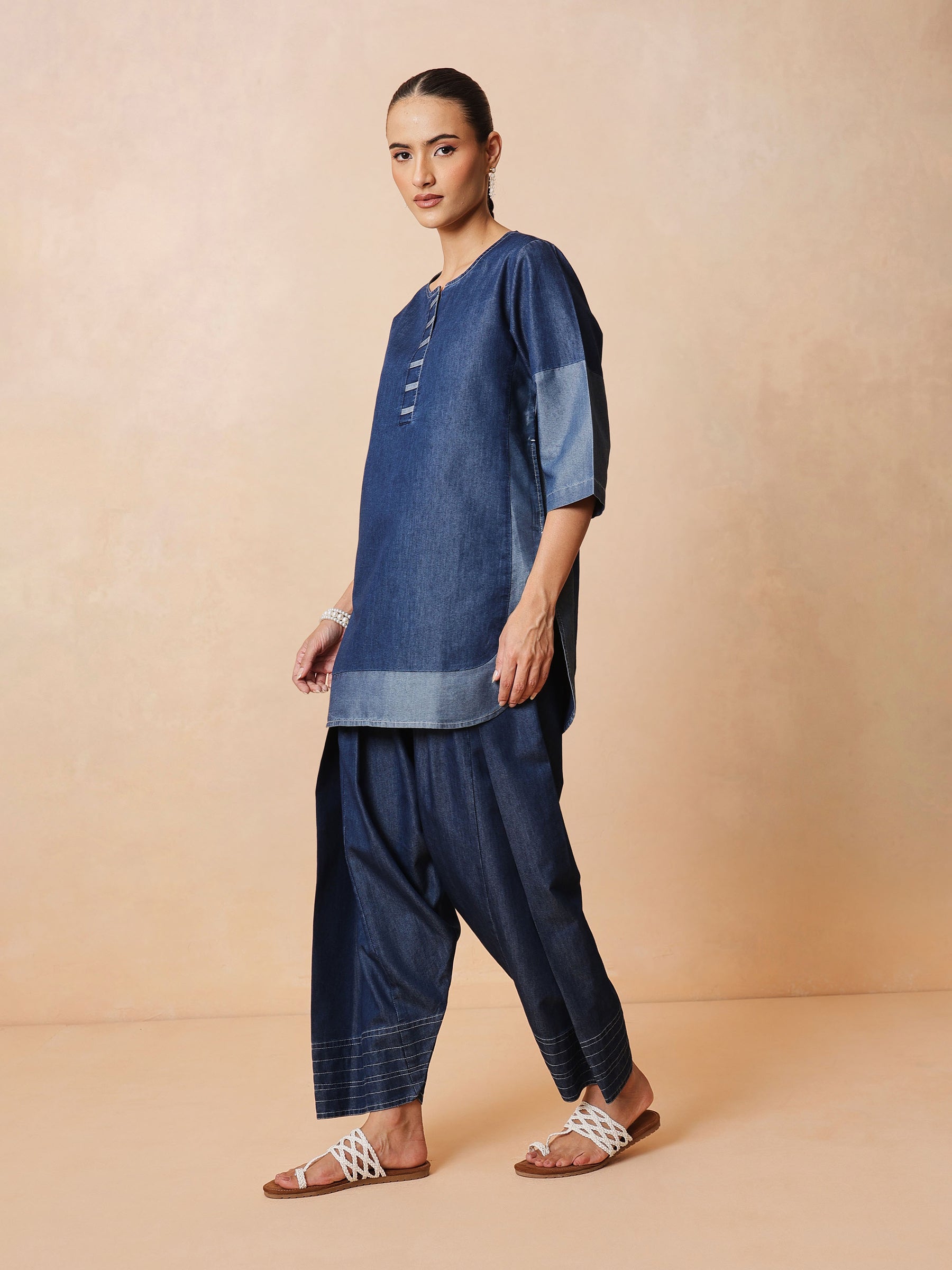 Navy Colour Block Short Kurta With Farshi Salwar-Shae by SASSAFRAS