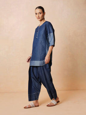 Navy Colour Block Short Kurta With Farshi Salwar-Shae by SASSAFRAS