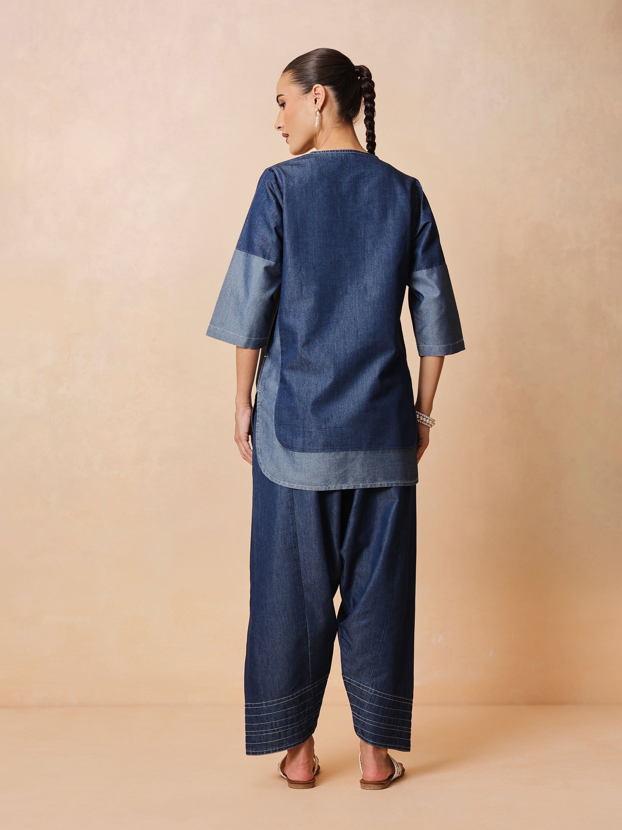 Navy Colour Block Short Kurta With Farshi Salwar-Shae by SASSAFRAS
