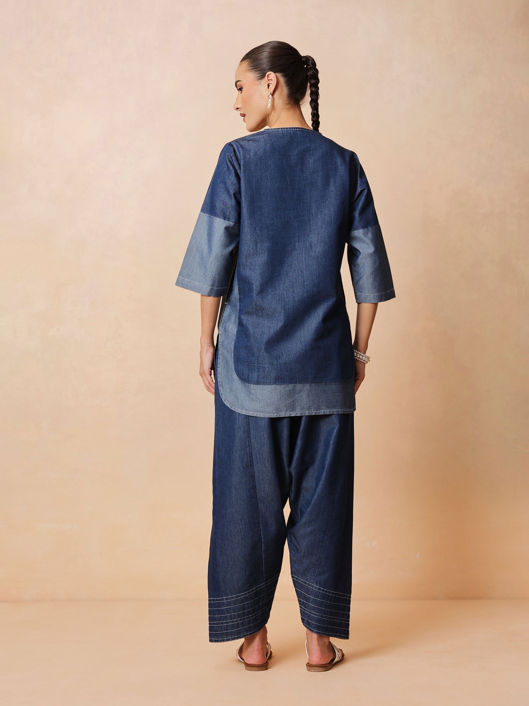Navy Colour Block Short Kurta With Farshi Salwar-Shae by SASSAFRAS
