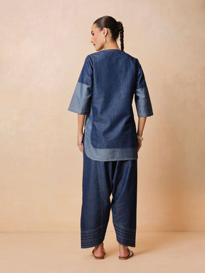 Navy Colour Block Short Kurta With Farshi Salwar-Shae by SASSAFRAS