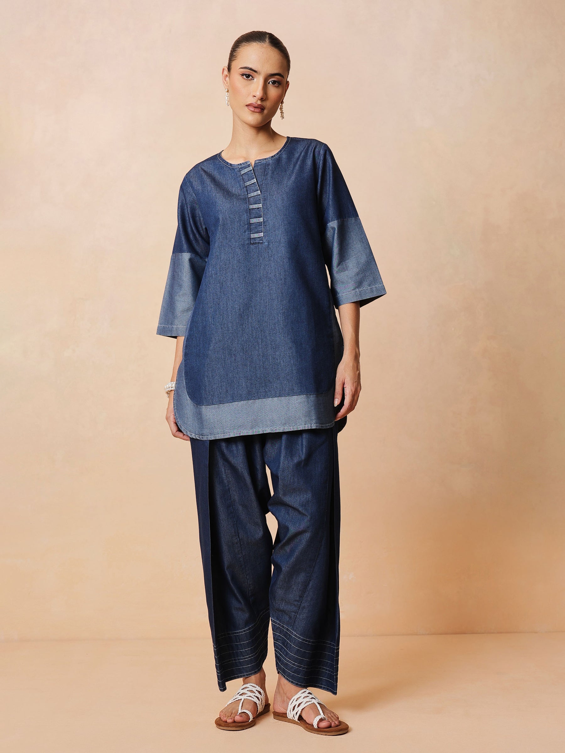Women Navy Colour Block Short Kurta With Farshi Salwar