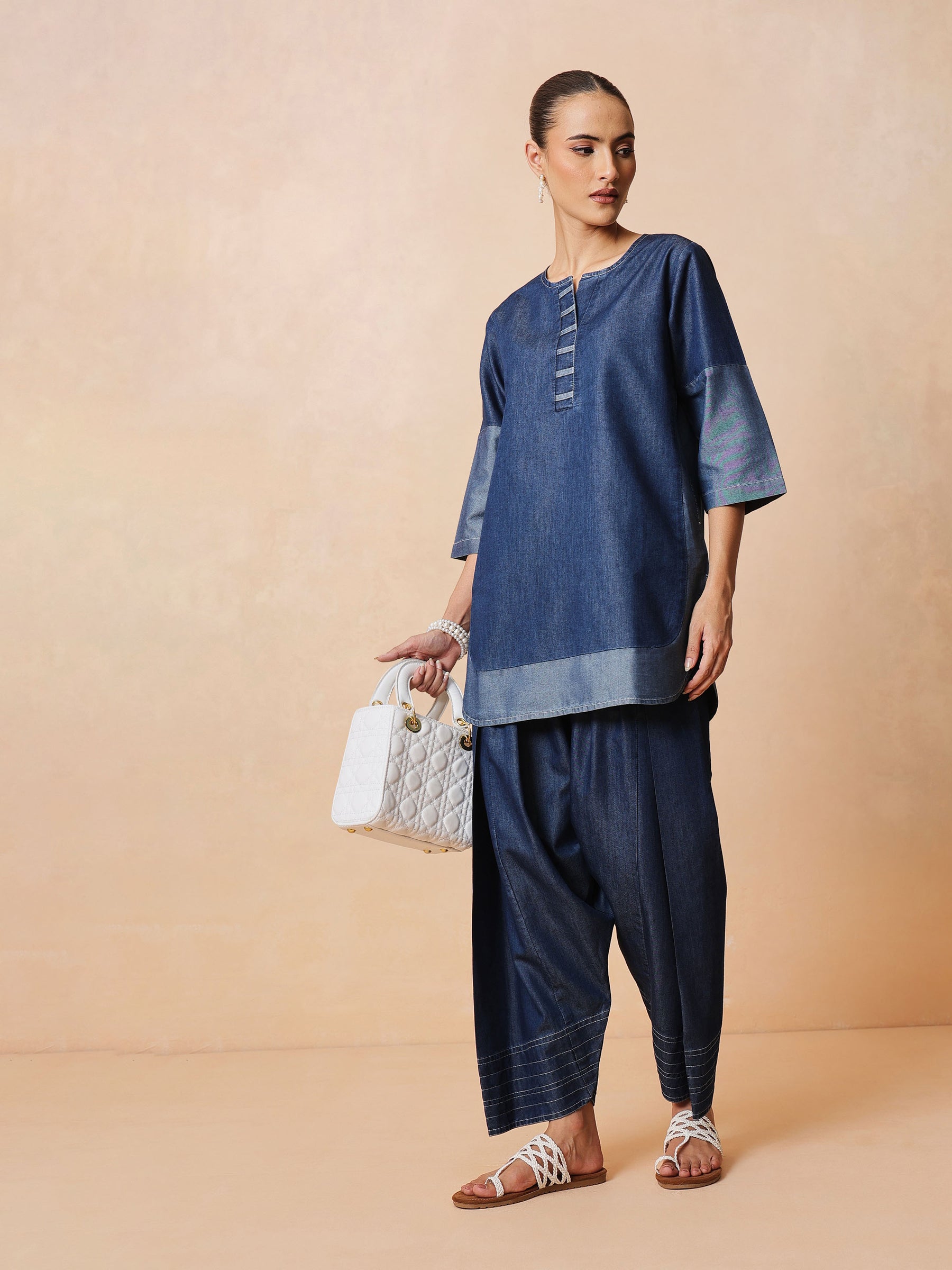 Women Navy Colour Block Short Kurta With Farshi Salwar